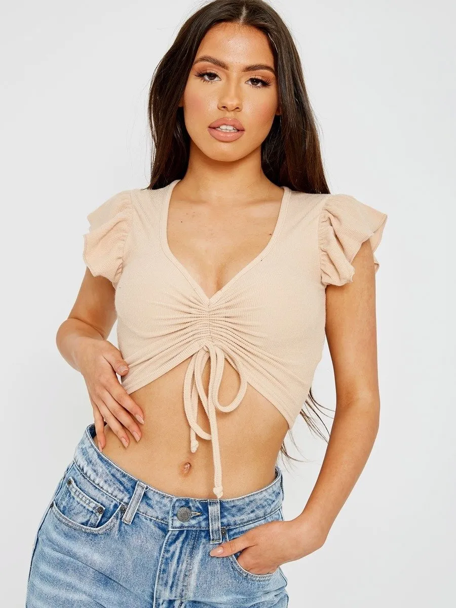 Stone Cap Sleeve Ruched Front Ribbed Crop Top