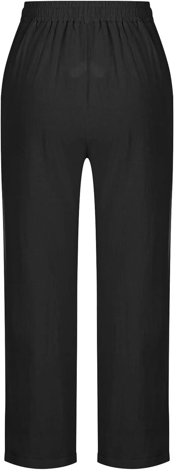 Summer Beach Pants for Women Linen Elastic High Waist Straight Leg Light Causal Cool Lounge Trousers Women Pajamas