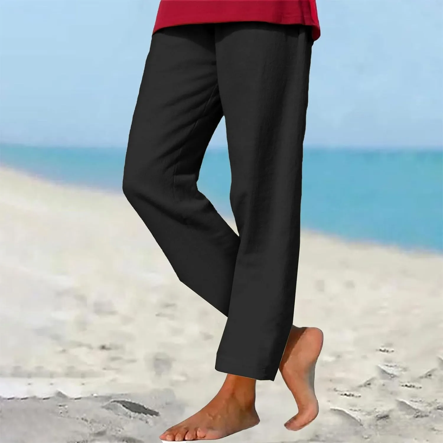 Summer Beach Pants for Women Linen Elastic High Waist Straight Leg Light Causal Cool Lounge Trousers Women Pajamas