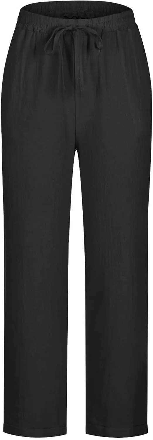 Summer Beach Pants for Women Linen Elastic High Waist Straight Leg Light Causal Cool Lounge Trousers Women Pajamas