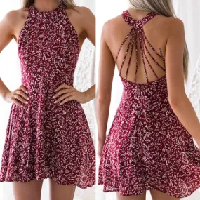 Summer Boho Sundress Halter Floral Mini Dress