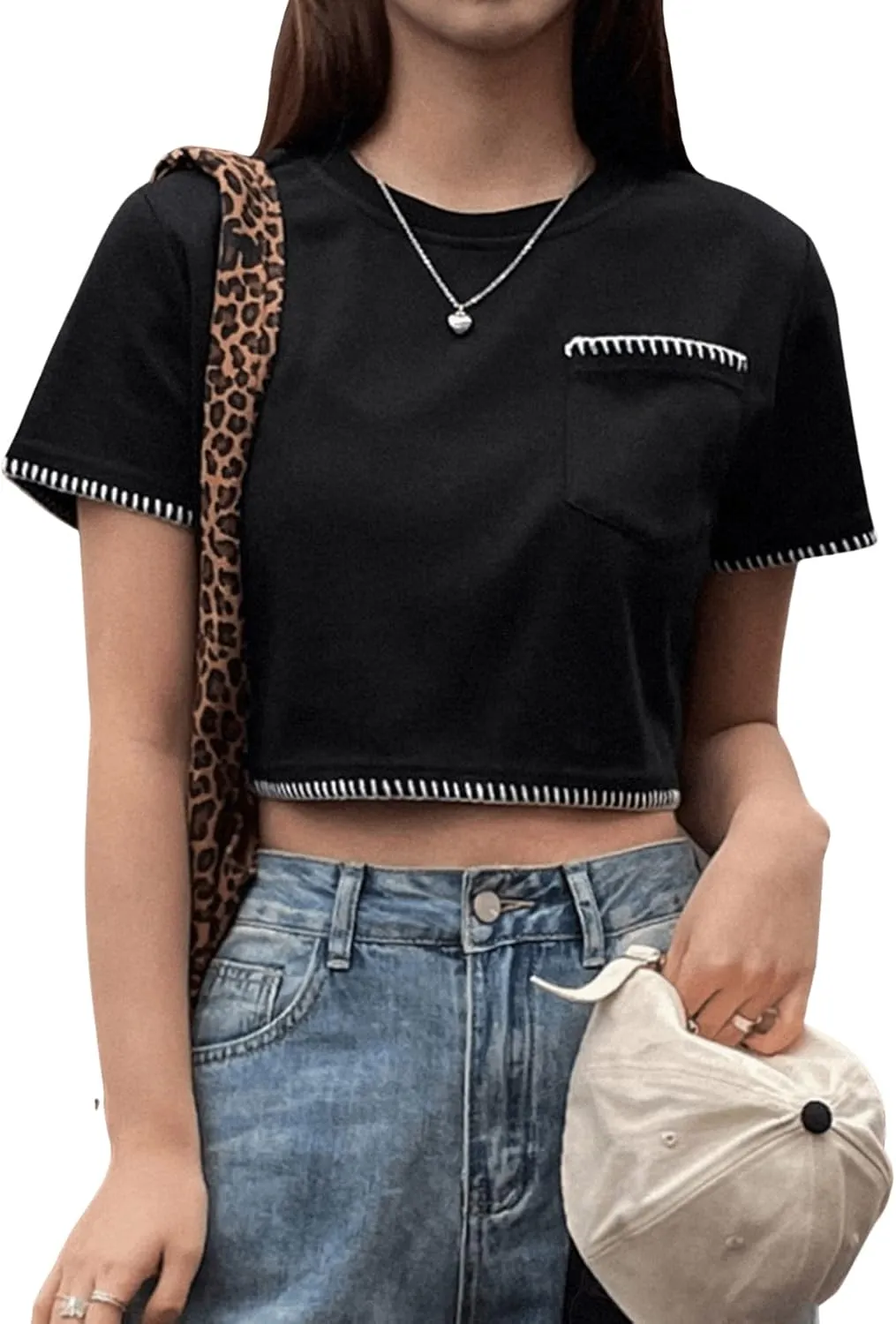 SweatyRocks Women's Casual Short Sleeve Crewneck Crop T Shirt Stitches Pocket Front Crop Tee Top