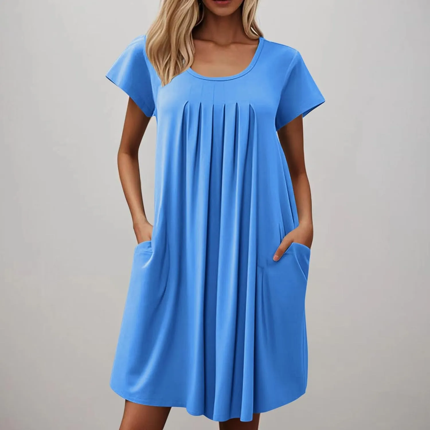 T Shirt Dresses for Women Casual Short Sleeve Loose Tunic Dress with Pockets Summer Pleated Swing Outfits