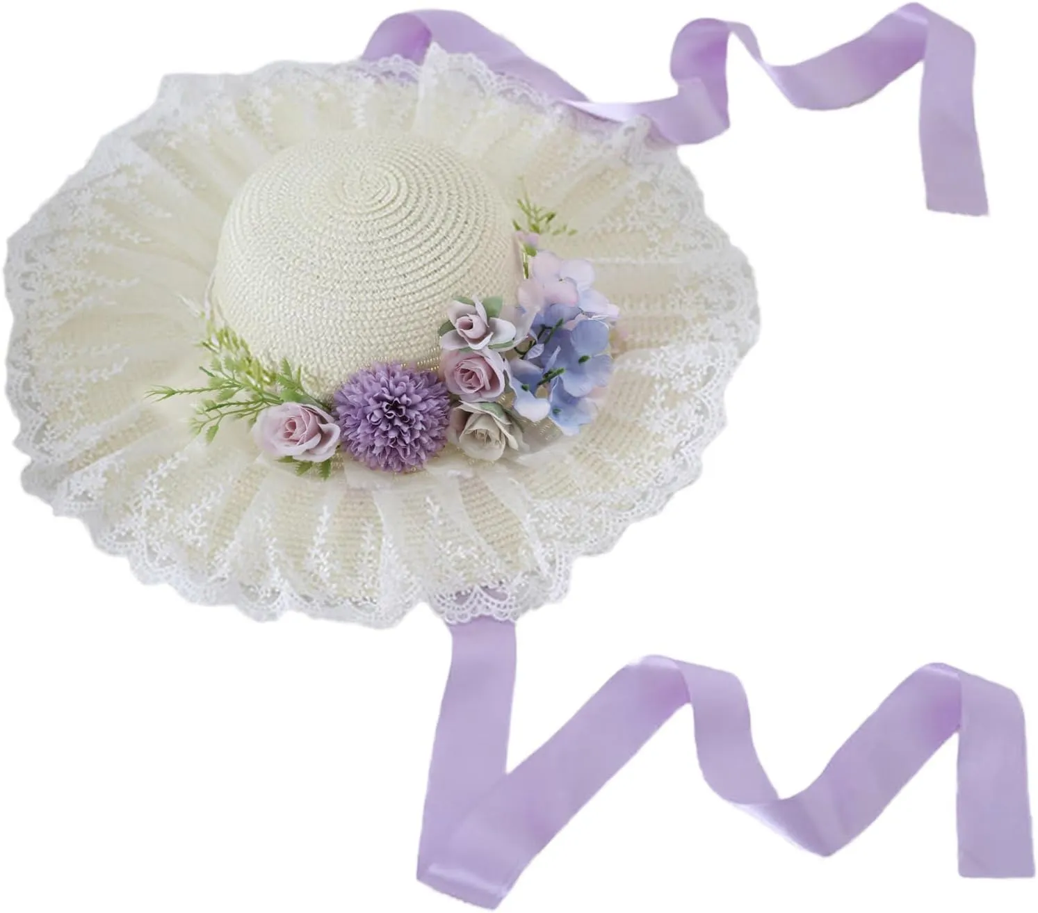 Unisex Lace Brim Straw Hat Teens Women Manual Seaside Vacation Hat with Flower Decors Light Purple