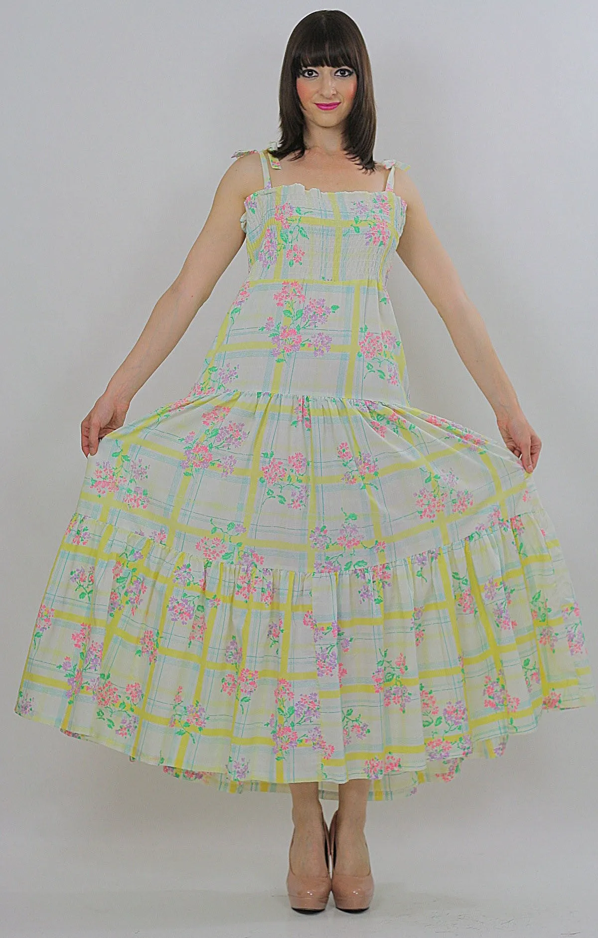 Vintage Boho Hippie plaid floral maxi dress sundress