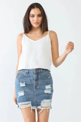 White Textured Embroidery V-Neck Strappy Crop Top