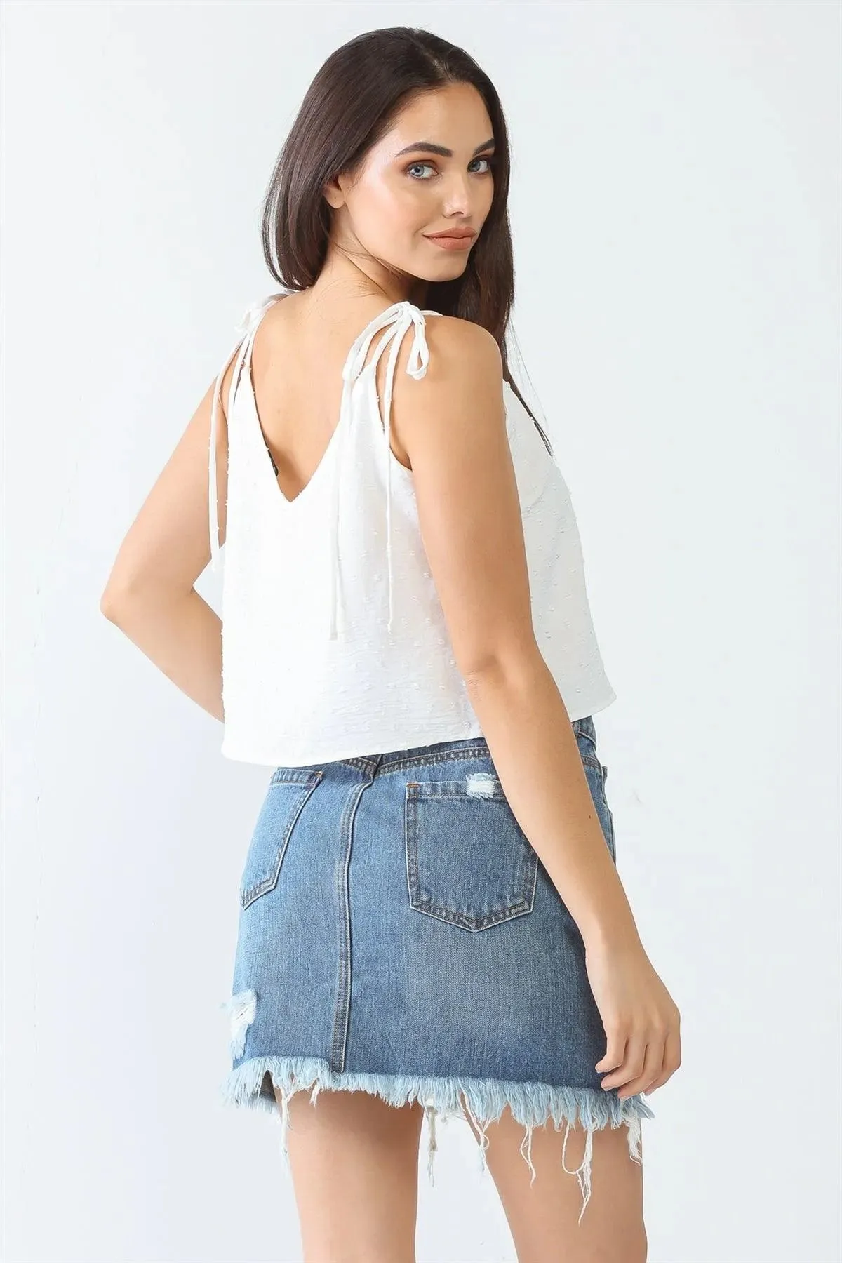 White Textured Embroidery V-Neck Strappy Crop Top