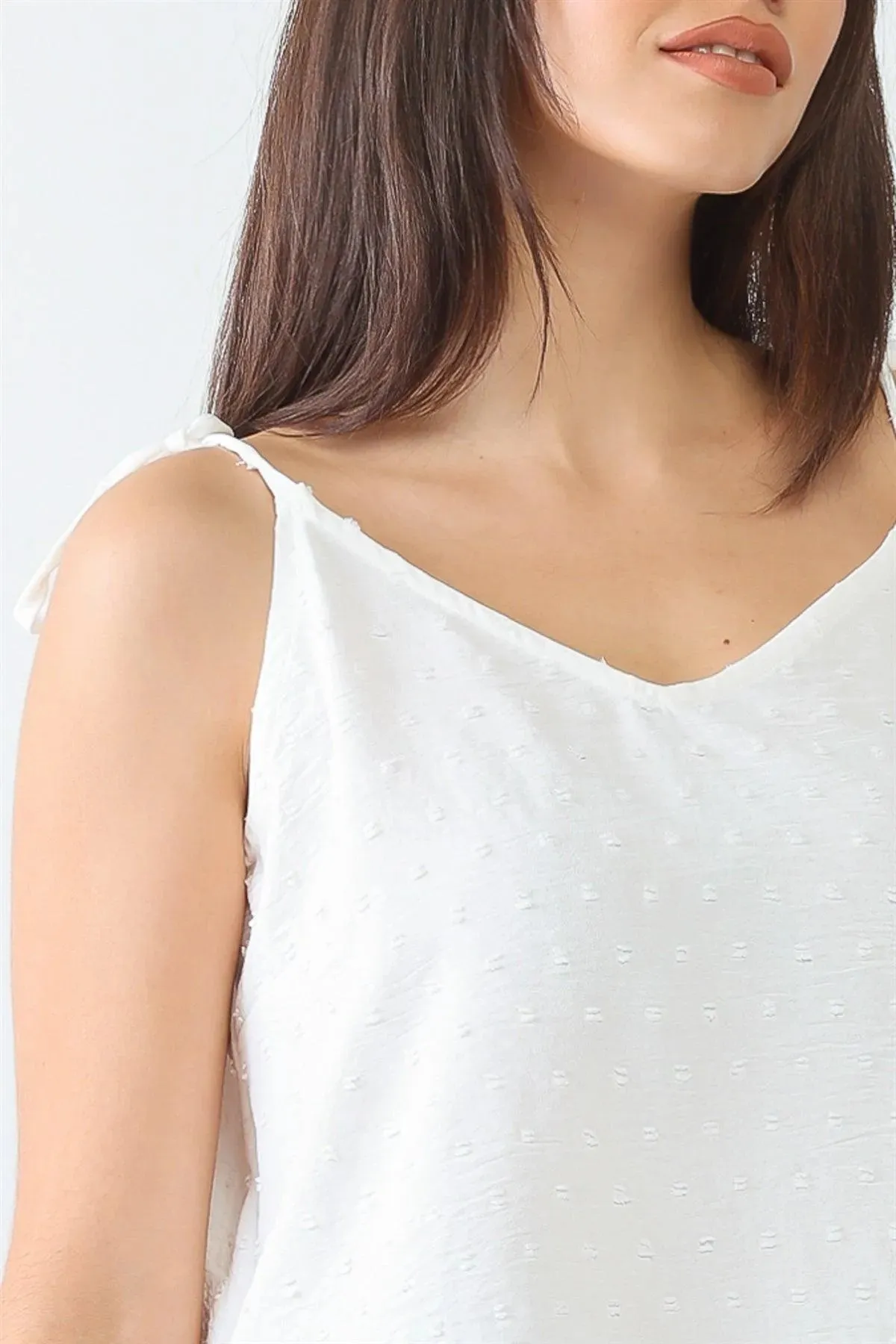 White Textured Embroidery V-Neck Strappy Crop Top