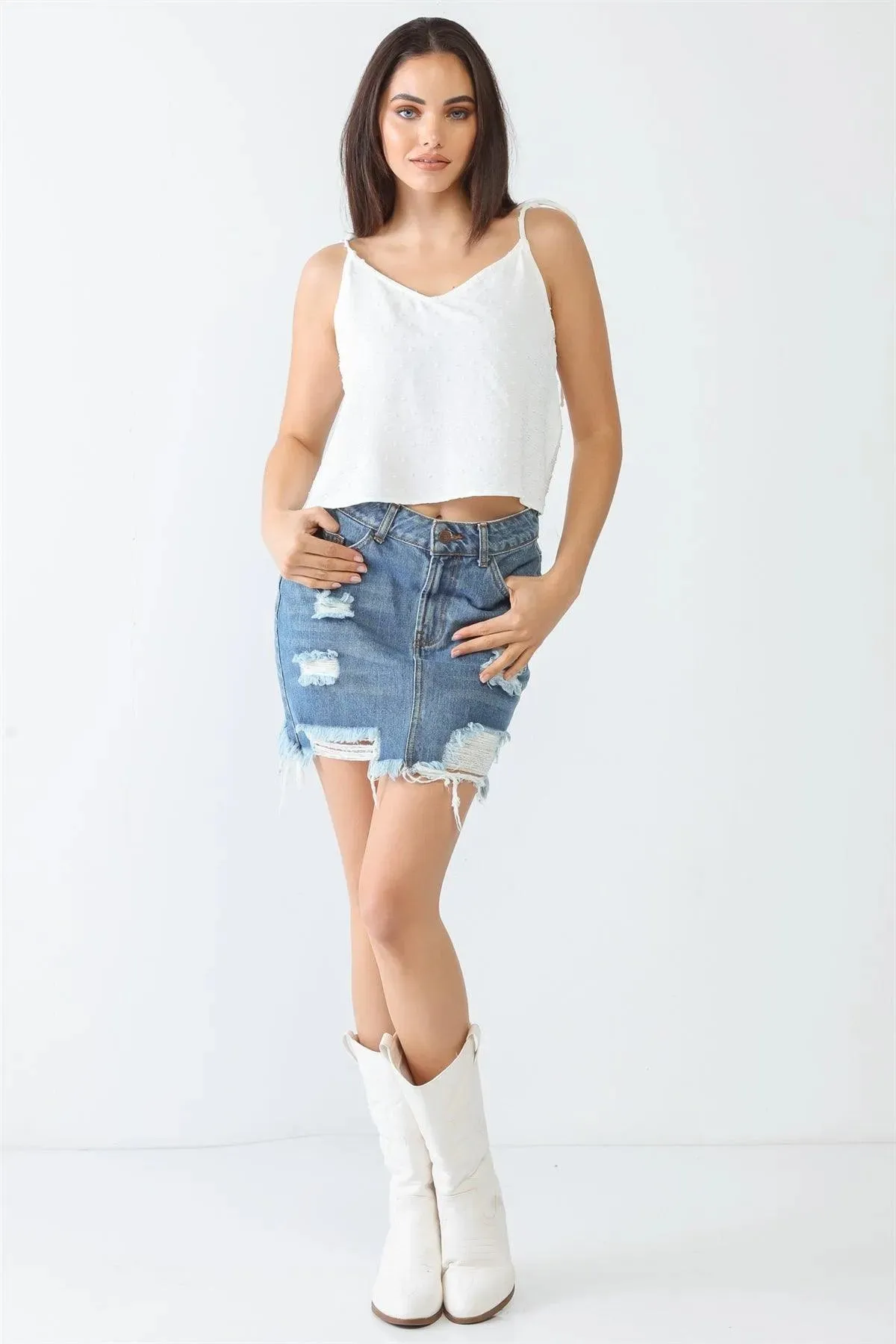 White Textured Embroidery V-Neck Strappy Crop Top