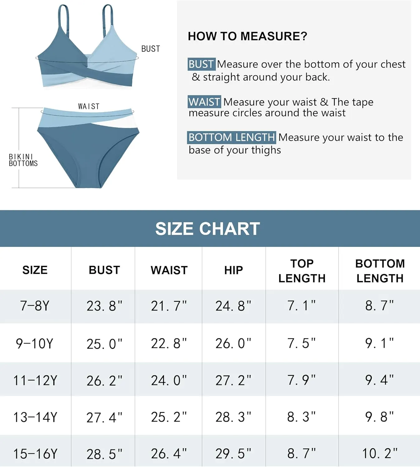 WIQI Girls Swimsuit Bikini Set 2 Piece Bathing Suits Color Block Criss Cross Swimwear Size 9-16