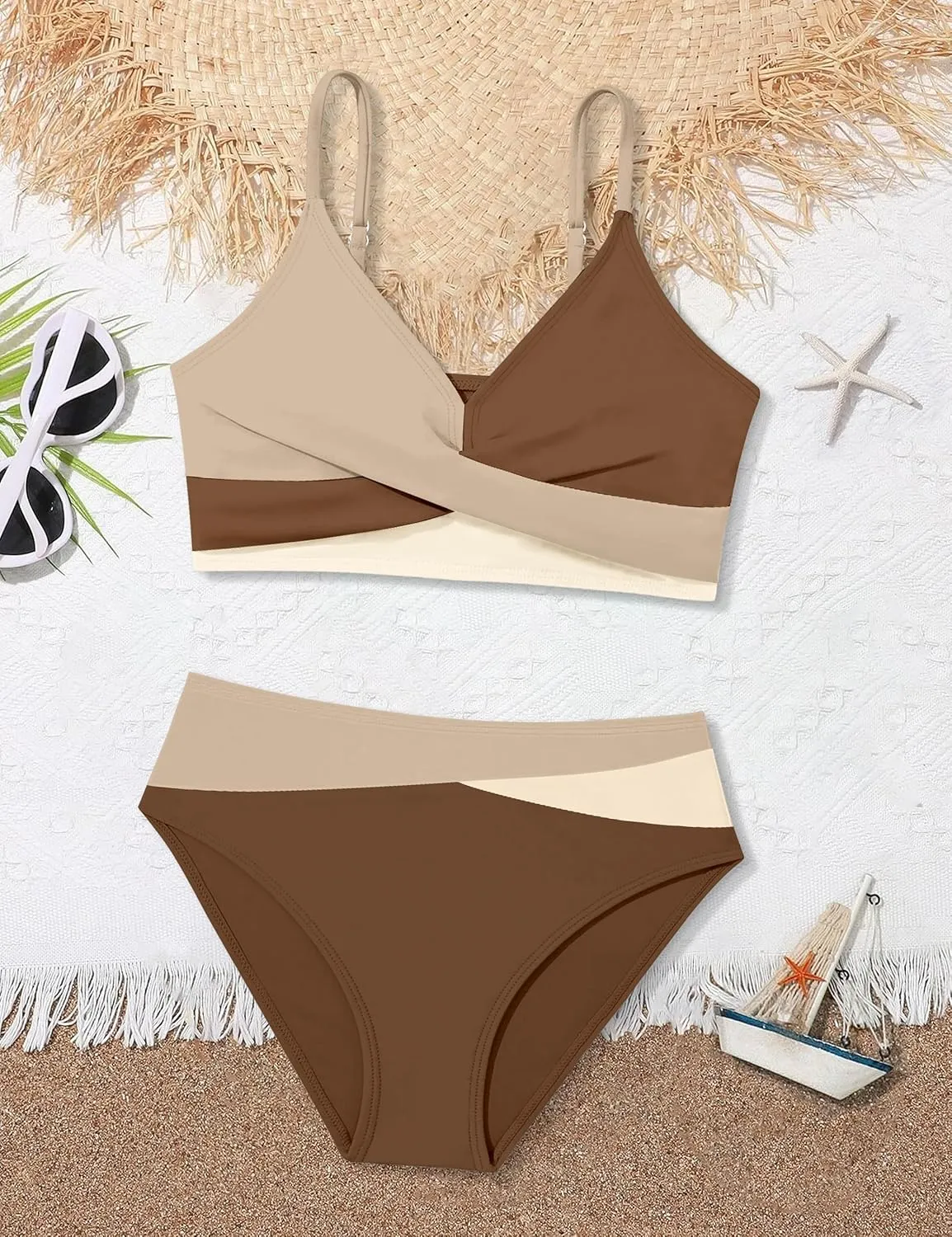 WIQI Girls Swimsuit Bikini Set 2 Piece Bathing Suits Color Block Criss Cross Swimwear Size 9-16