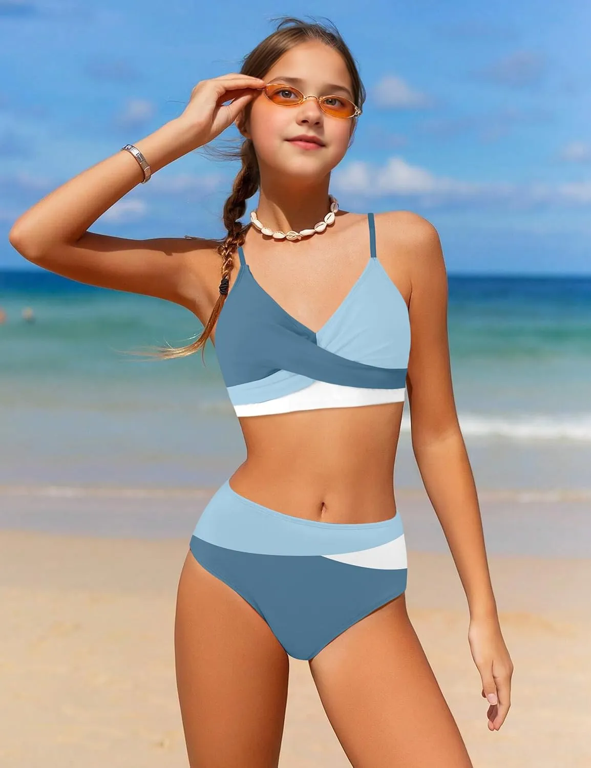WIQI Girls Swimsuit Bikini Set 2 Piece Bathing Suits Color Block Criss Cross Swimwear Size 9-16