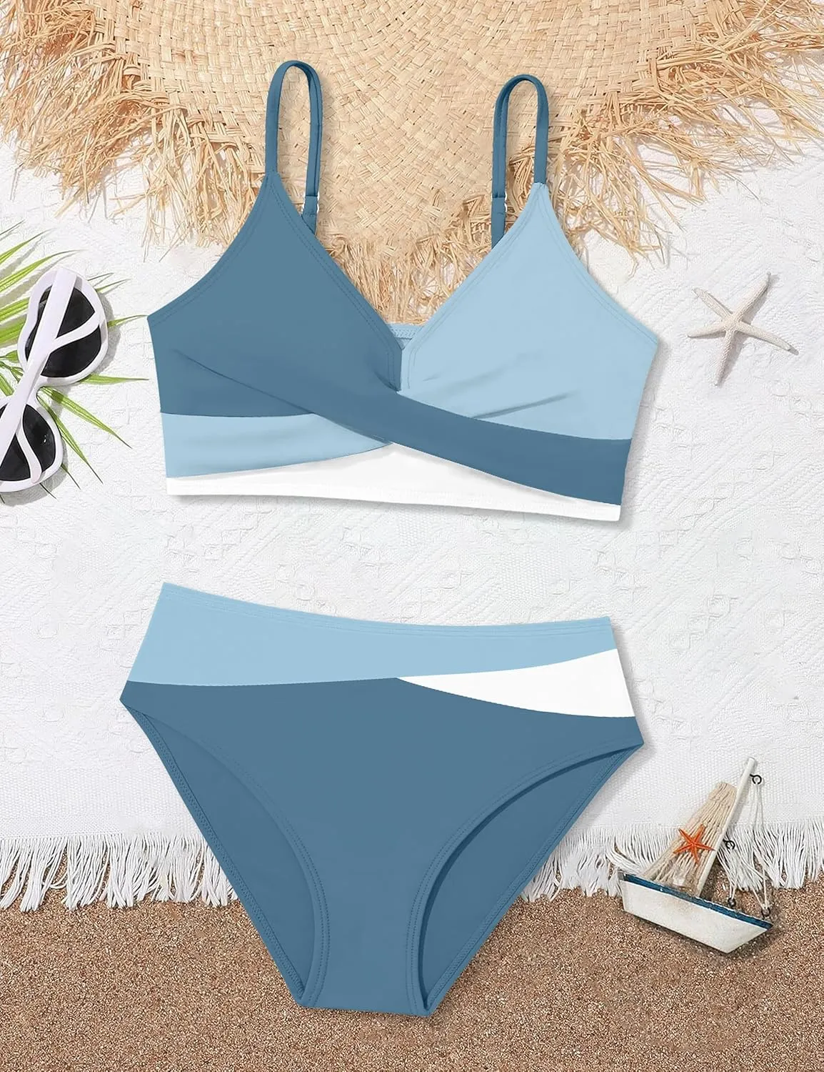 WIQI Girls Swimsuit Bikini Set 2 Piece Bathing Suits Color Block Criss Cross Swimwear Size 9-16