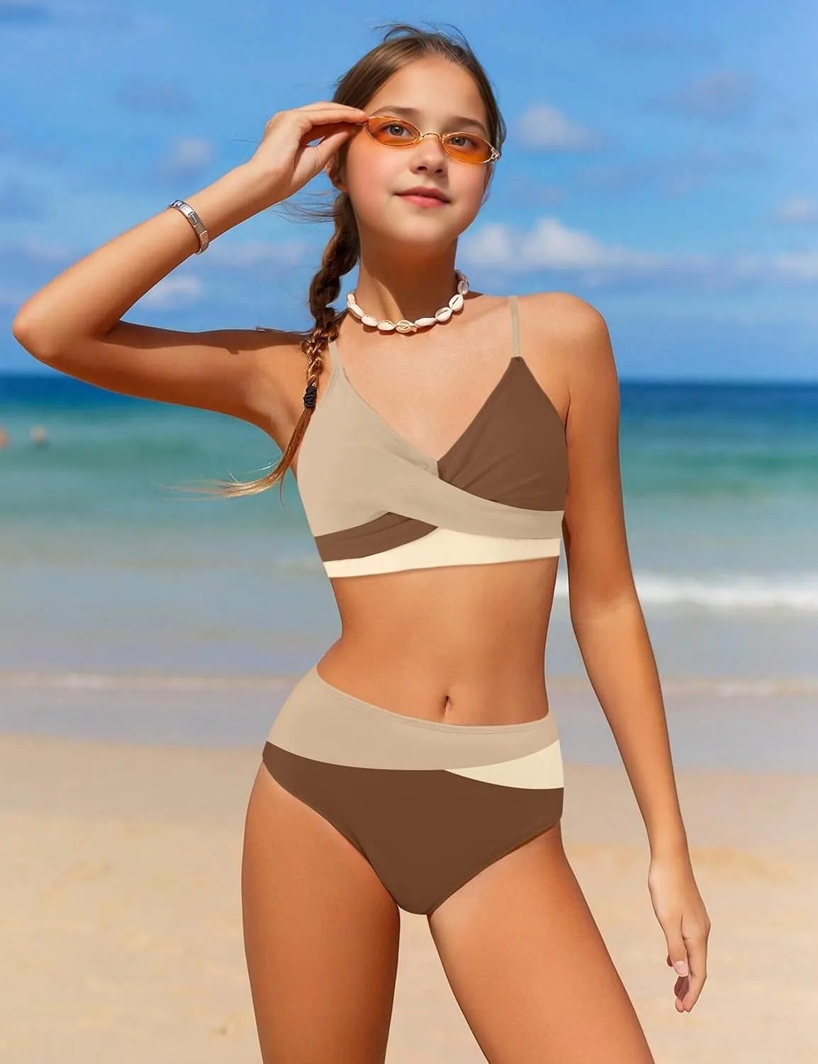 WIQI Girls Swimsuit Bikini Set 2 Piece Bathing Suits Color Block Criss Cross Swimwear Size 9-16