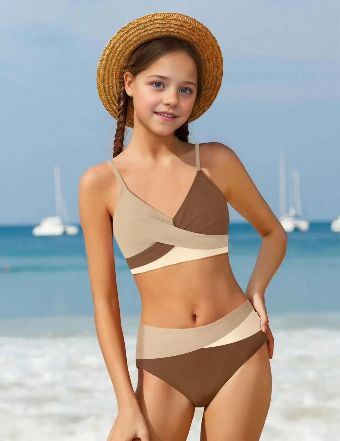 WIQI Girls Swimsuit Bikini Set 2 Piece Bathing Suits Color Block Criss Cross Swimwear Size 9-16