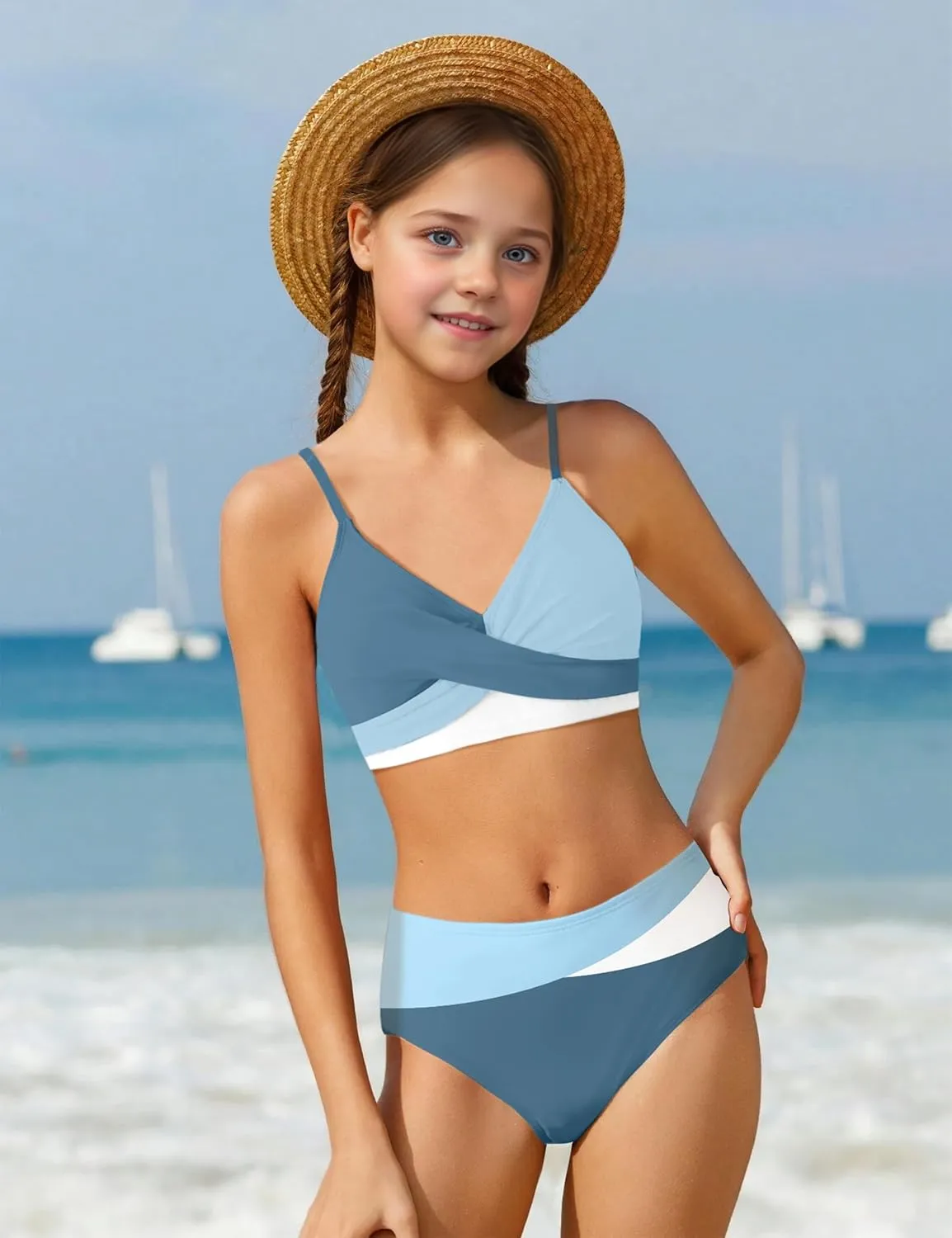 WIQI Girls Swimsuit Bikini Set 2 Piece Bathing Suits Color Block Criss Cross Swimwear Size 9-16