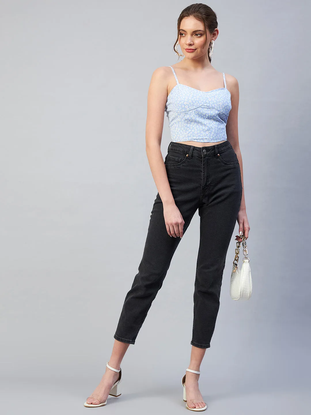 Women Blue Colour Shoulder Straps Floral Bralette Top