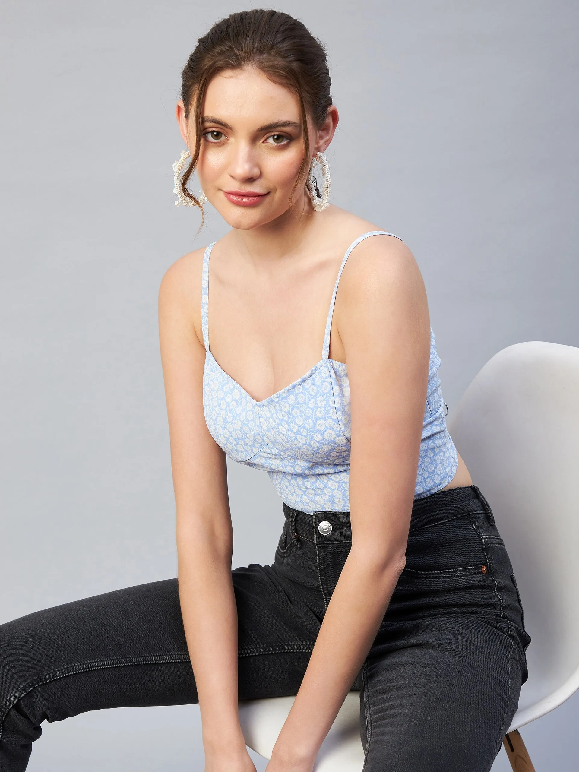 Women Blue Colour Shoulder Straps Floral Bralette Top