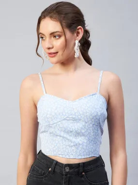 Women Blue Colour Shoulder Straps Floral Bralette Top