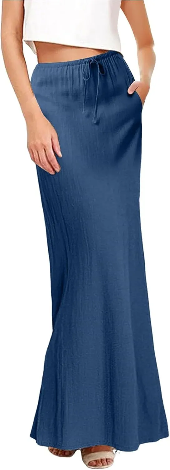 Women Boho Linen Maxi Skirts Trendy Comfy Drawstring Waist A Line Cute Bohemian 2025 Summer Vacation Flowy Skirts