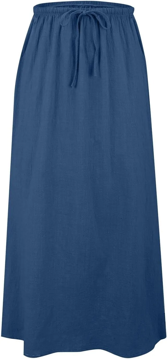 Women Boho Linen Maxi Skirts Trendy Comfy Drawstring Waist A Line Cute Bohemian 2025 Summer Vacation Flowy Skirts