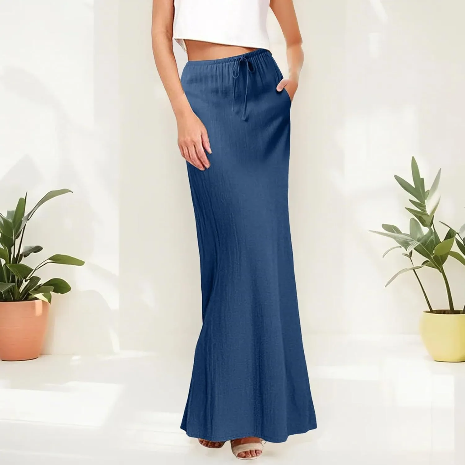 Women Boho Linen Maxi Skirts Trendy Comfy Drawstring Waist A Line Cute Bohemian 2025 Summer Vacation Flowy Skirts