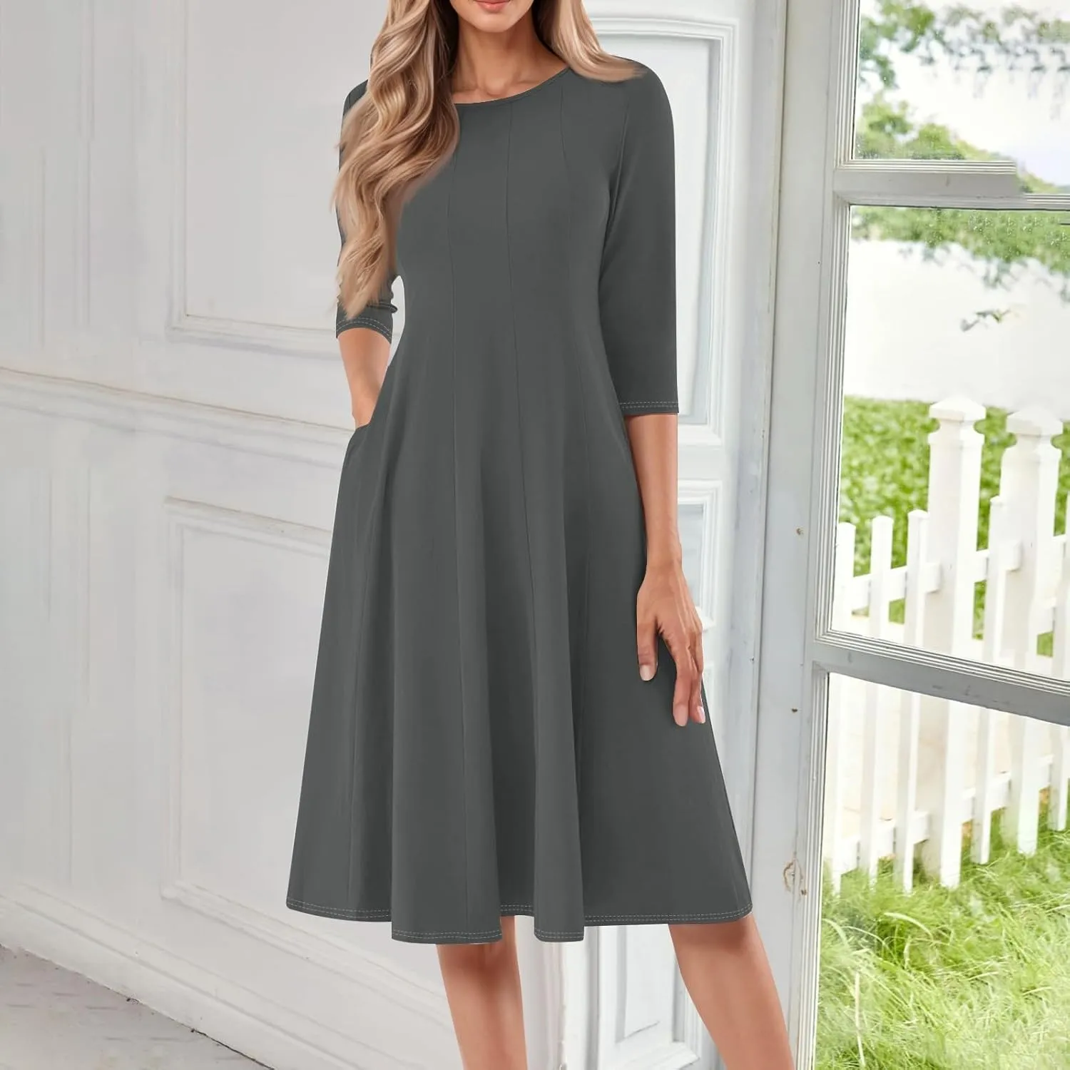 Women Dresses Formal for Church Summer Spring Solid Flowy Vintage 3/4 Sleeve Midi Casual Swing