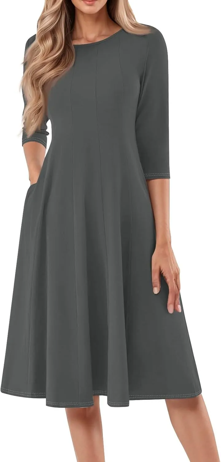 Women Dresses Formal for Church Summer Spring Solid Flowy Vintage 3/4 Sleeve Midi Casual Swing