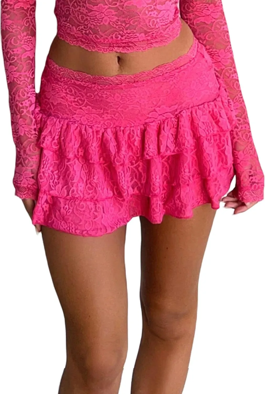 Women Floral Lace Mini Skirts Y2K Solid Low Waist Pleated Ruffled Hem Layered Skirts Short Skirts Streetwear