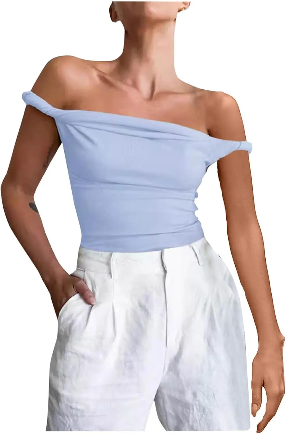 Women Off Shoulder Top Sleeveless Twist Strap Going Out Tank Tops Slim Fit Stretch Ruched Crop Top Casual T Shirts