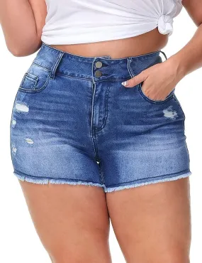 Women Plus Size Jean Shorts Sexy Stretchy High Waisted Frayed Raw Hem Denim Shorts