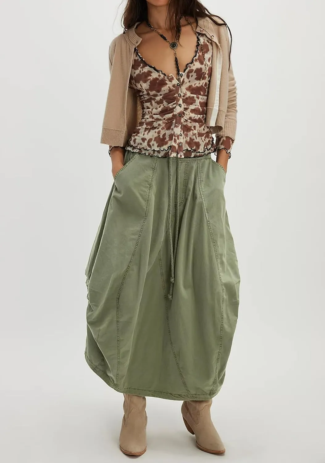 Women Poplin Midi Skirt Baggy Drawstring Mid Rise Parachute Skirt Y2k Cargo Maxi Long Skirt with Pockets Streetwear