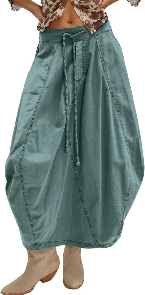 Women Poplin Midi Skirt Baggy Drawstring Mid Rise Parachute Skirt Y2k Cargo Maxi Long Skirt with Pockets Streetwear
