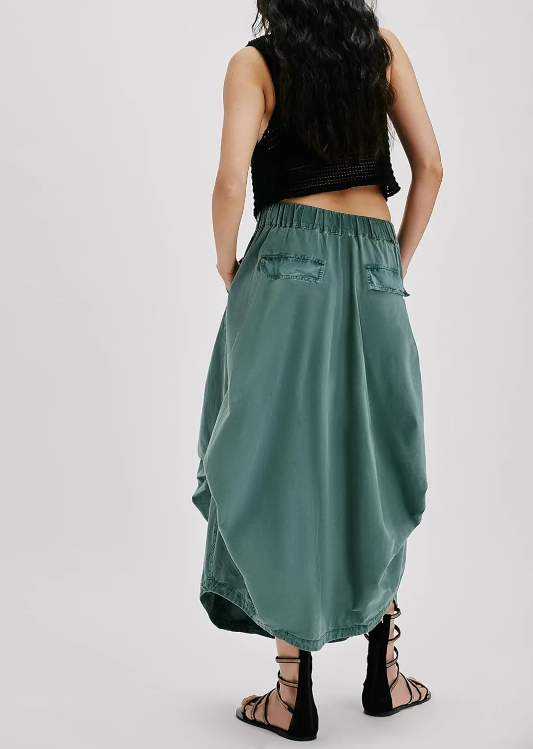 Women Poplin Midi Skirt Baggy Drawstring Mid Rise Parachute Skirt Y2k Cargo Maxi Long Skirt with Pockets Streetwear