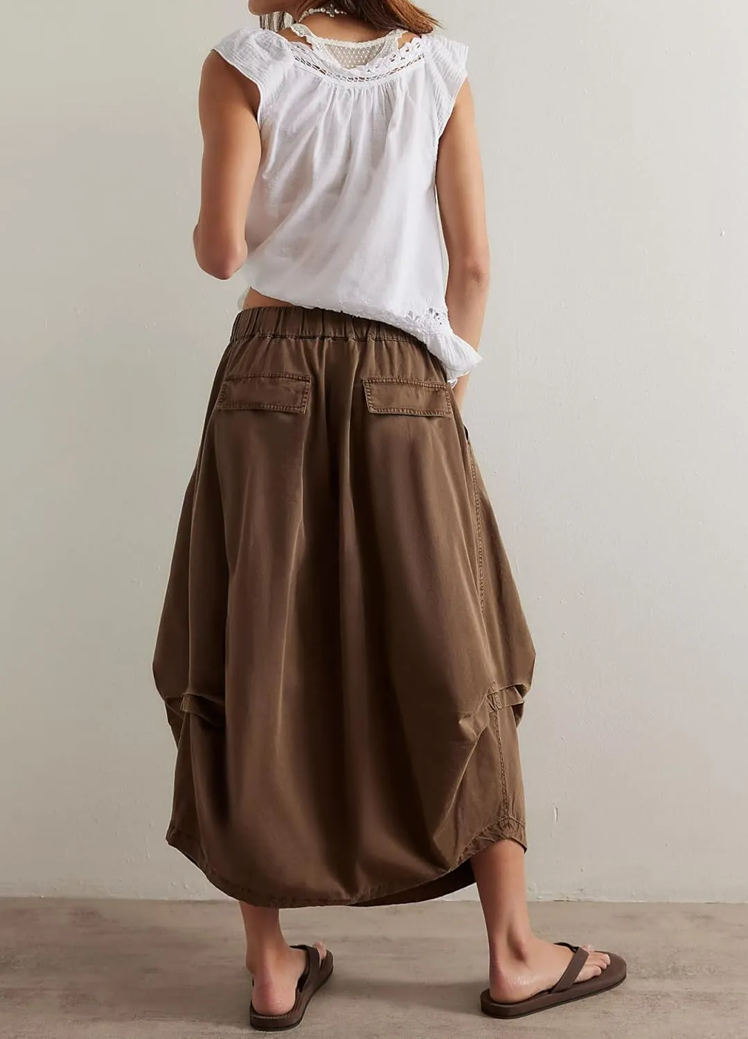 Women Poplin Midi Skirt Baggy Drawstring Mid Rise Parachute Skirt Y2k Cargo Maxi Long Skirt with Pockets Streetwear