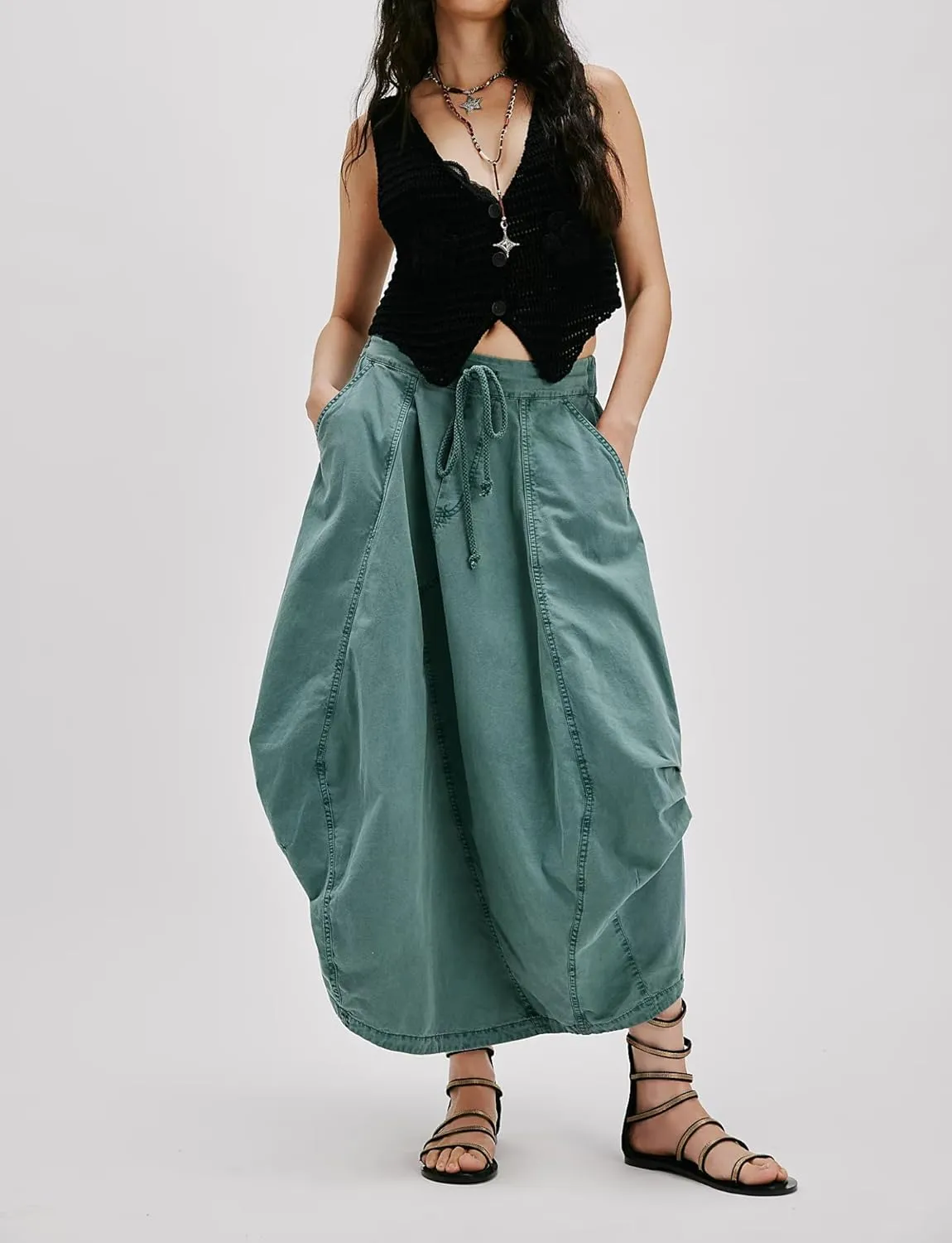 Women Poplin Midi Skirt Baggy Drawstring Mid Rise Parachute Skirt Y2k Cargo Maxi Long Skirt with Pockets Streetwear