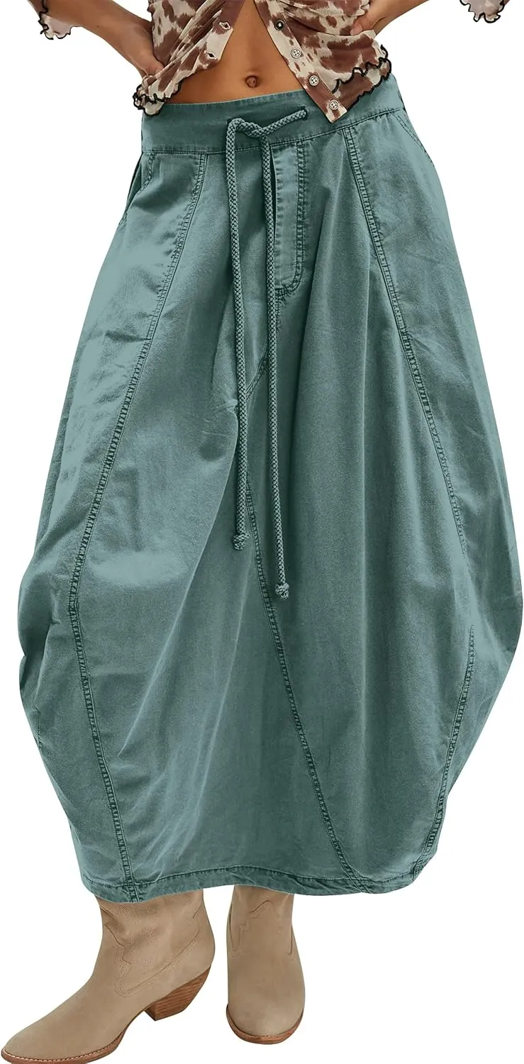Women Poplin Midi Skirt Baggy Drawstring Mid Rise Parachute Skirt Y2k Cargo Maxi Long Skirt with Pockets Streetwear