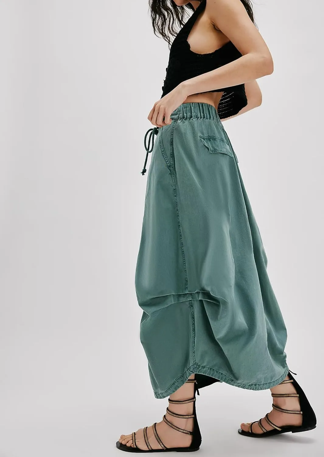 Women Poplin Midi Skirt Baggy Drawstring Mid Rise Parachute Skirt Y2k Cargo Maxi Long Skirt with Pockets Streetwear