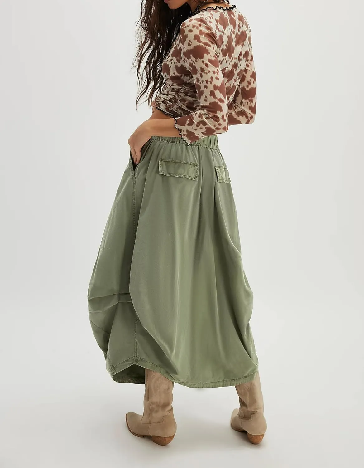 Women Poplin Midi Skirt Baggy Drawstring Mid Rise Parachute Skirt Y2k Cargo Maxi Long Skirt with Pockets Streetwear