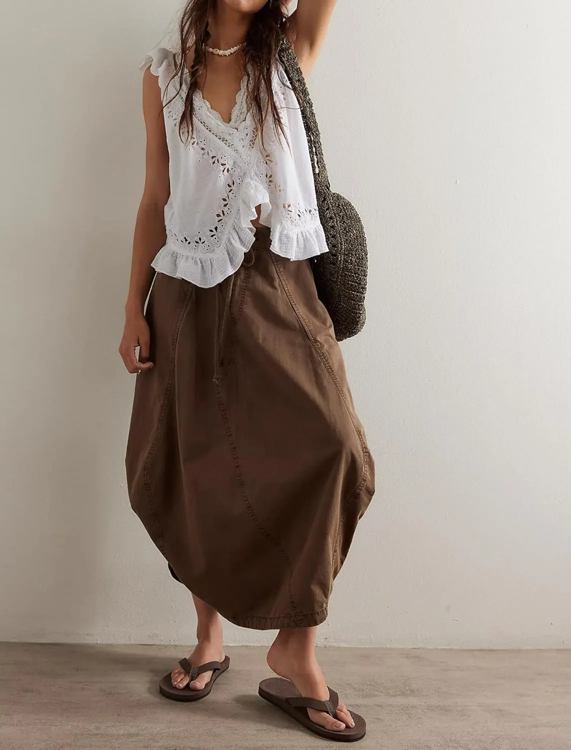 Women Poplin Midi Skirt Baggy Drawstring Mid Rise Parachute Skirt Y2k Cargo Maxi Long Skirt with Pockets Streetwear