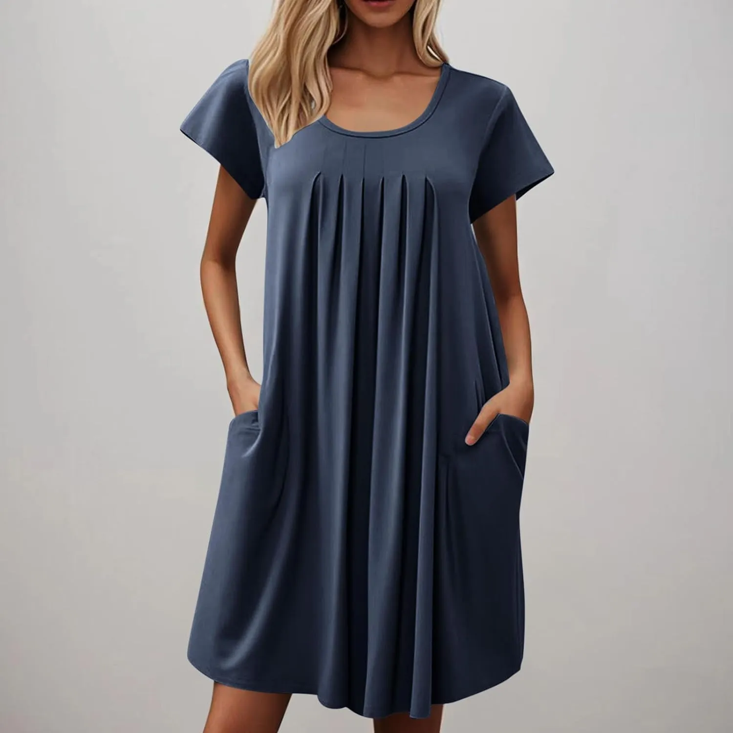 Women Summer T-Shirt Dresses Short Sleeve Pleated Front Swing A Line Dress Short Sleeve Causal Beach Vacation Dresses