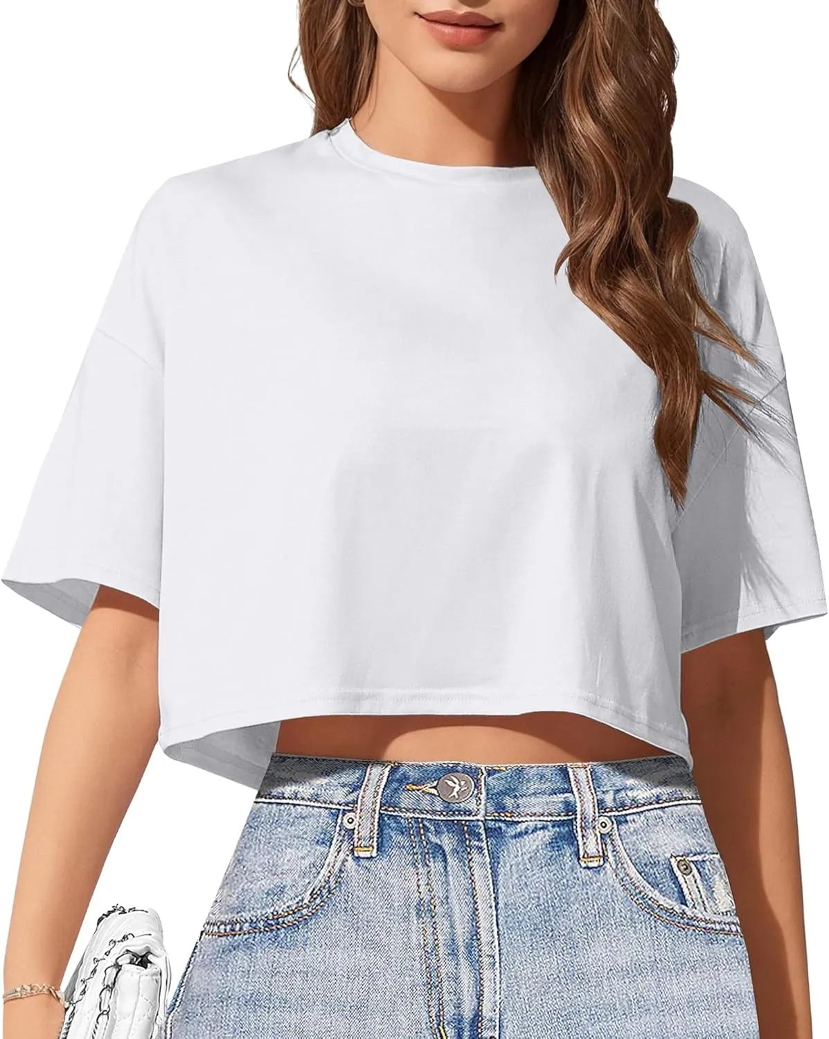 Women's Basic Crop Top Drop Shoulder T Shirt Half Sleeve Cropped Tee Crewneck Short Sleeve Casual Summer Solid Crop Tops