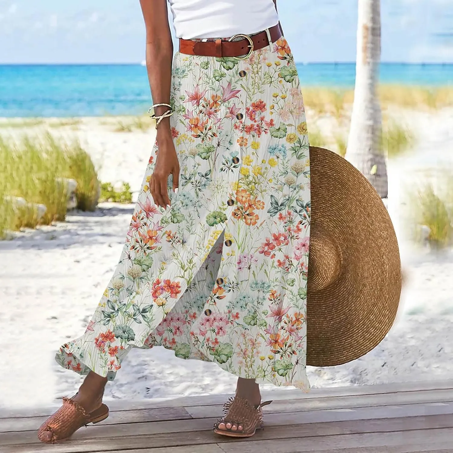Womens Button Front Maxi Skirt Mid Waist Boho A-Line Summer Cotton Pleated Slit Flowy Swing Long Skirt
