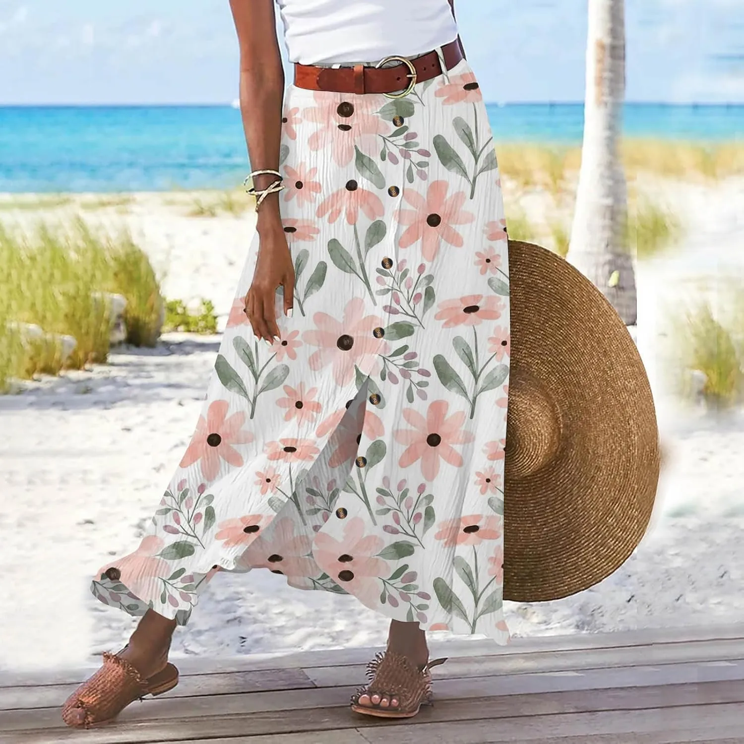 Womens Button Front Maxi Skirt Mid Waist Boho A-Line Summer Cotton Pleated Slit Flowy Swing Long Skirt