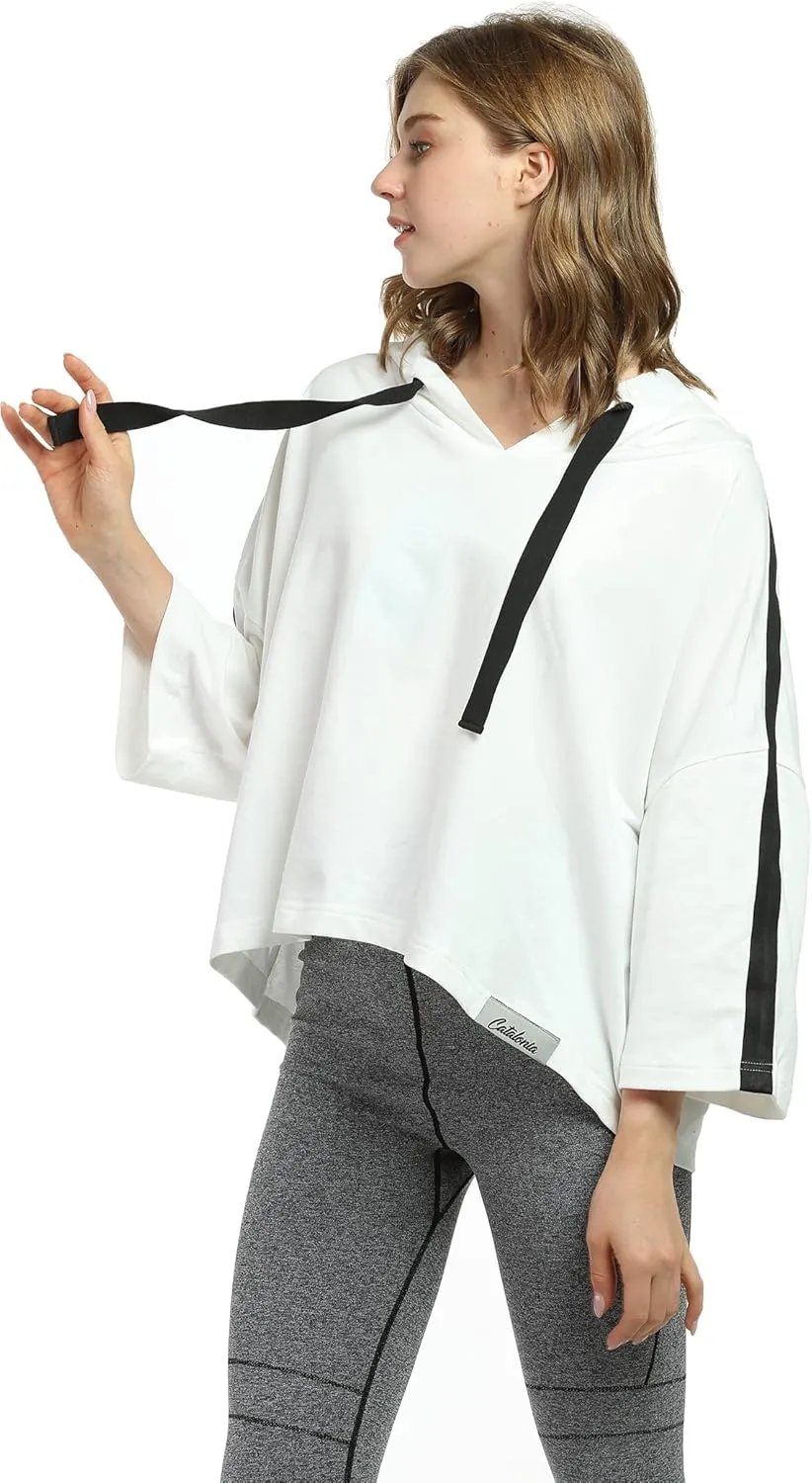 Women’s Casual Cropped Hoodie, 3/4 Sleeve Loose Pullover Sweatshirt Crop Top