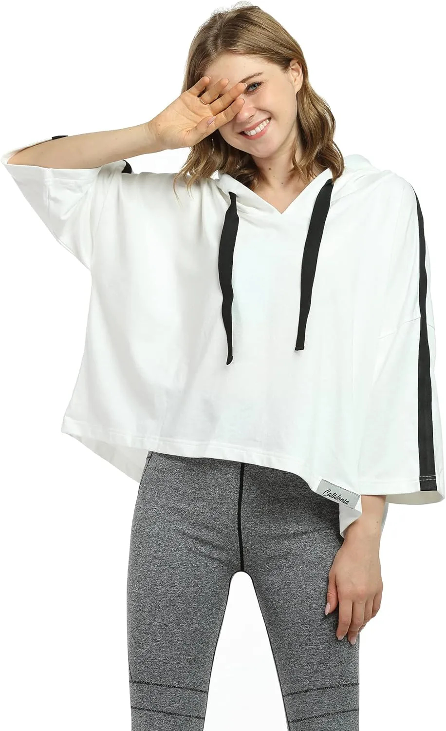 Women’s Casual Cropped Hoodie, 3/4 Sleeve Loose Pullover Sweatshirt Crop Top