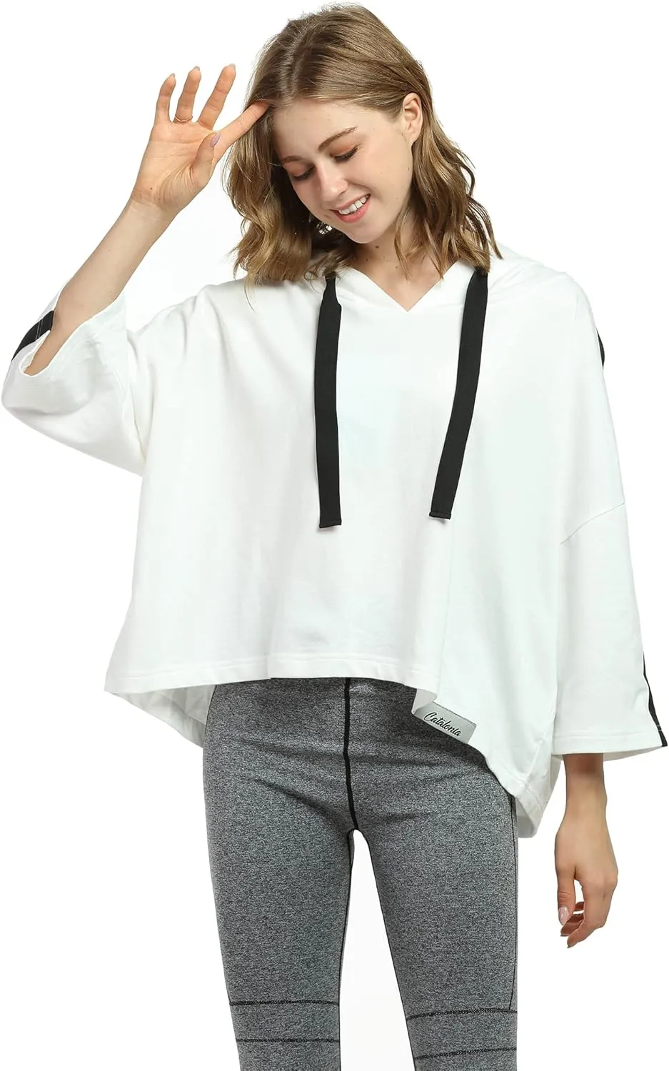 Women’s Casual Cropped Hoodie, 3/4 Sleeve Loose Pullover Sweatshirt Crop Top