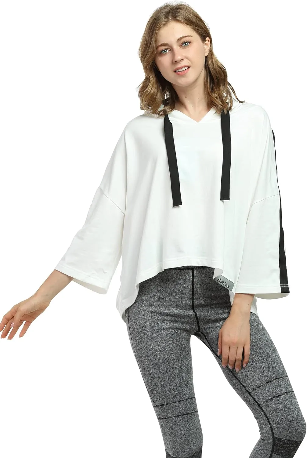 Women’s Casual Cropped Hoodie, 3/4 Sleeve Loose Pullover Sweatshirt Crop Top