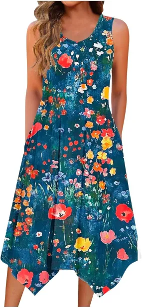 Womens Casual Dress for Summer Tank Dress Loose Flowy Beach Dress with Pockets Hankerchief Flare Midi Sundress