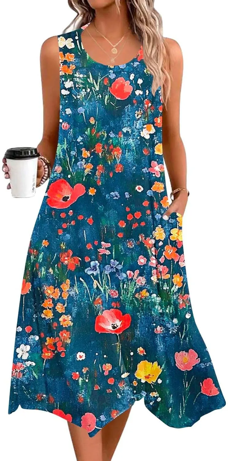 Womens Casual Dress for Summer Tank Dress Loose Flowy Beach Dress with Pockets Hankerchief Flare Midi Sundress